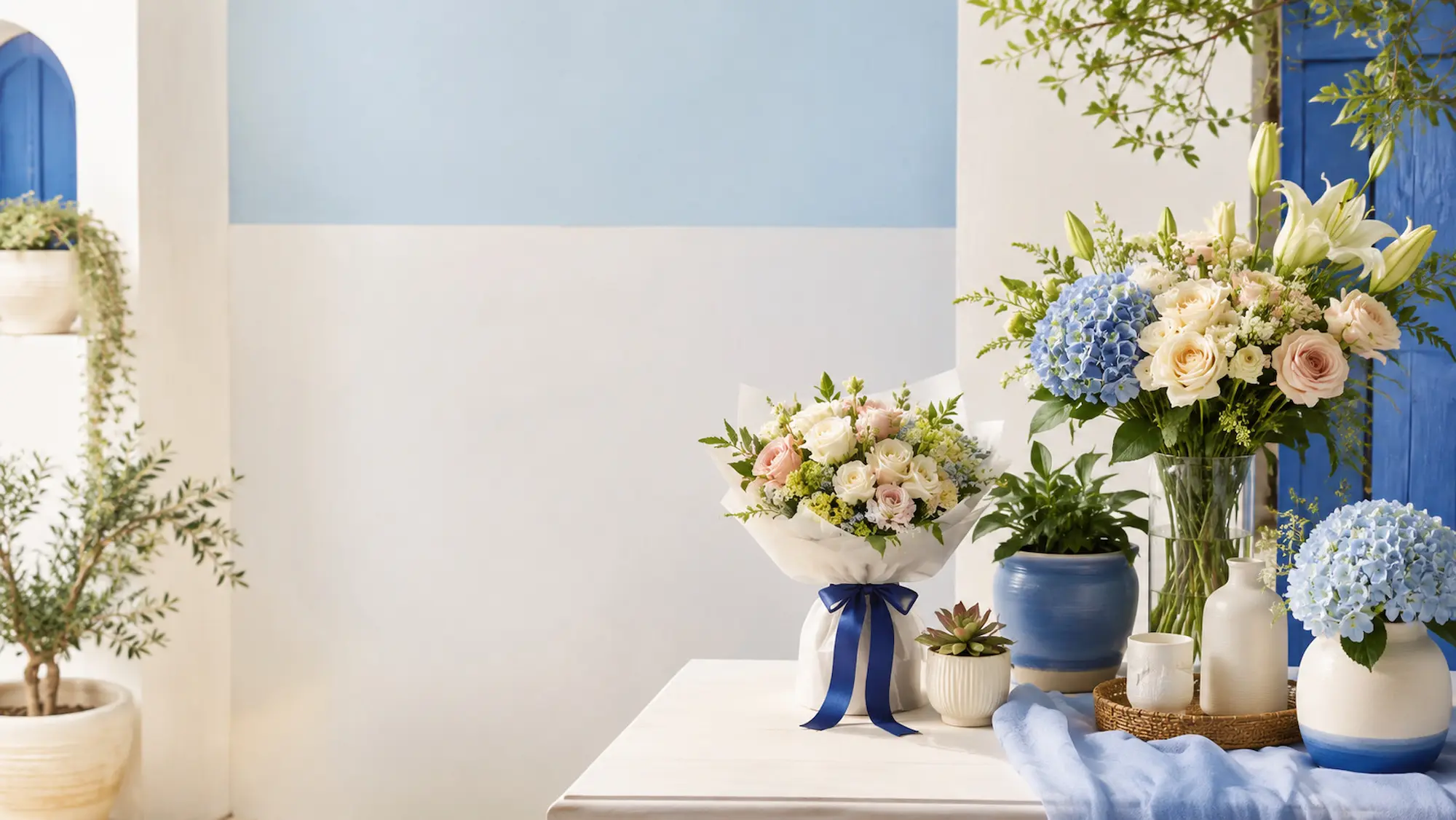 Colección de ramos y plantas de Jazmín en Castelló — rosas, hortensias y lirios sobre fondo mediterráneo.
