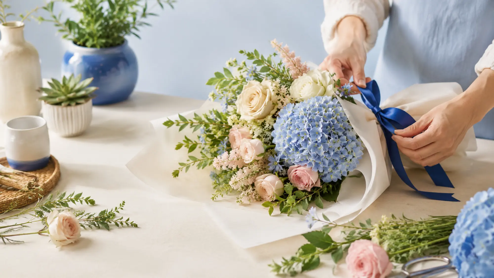 Florista de Jazmín componiendo a mano un ramo con hortensias, rosas y astilbe en el taller de Castelló.