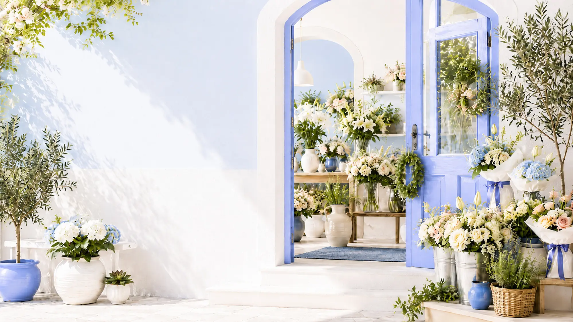 Entrada de la floristería Jazmín en Castelló de la Plana — puerta azul mediterránea con flores y plantas.